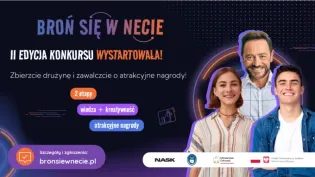 Grafika promocyjna konkursu „Broń się w necie" na ciemnoniebieskim, gwiaździstym tle. U góry kolorowy napis „Broń się w necie" oraz tekst „II edycja konkursu wystartowała!", 