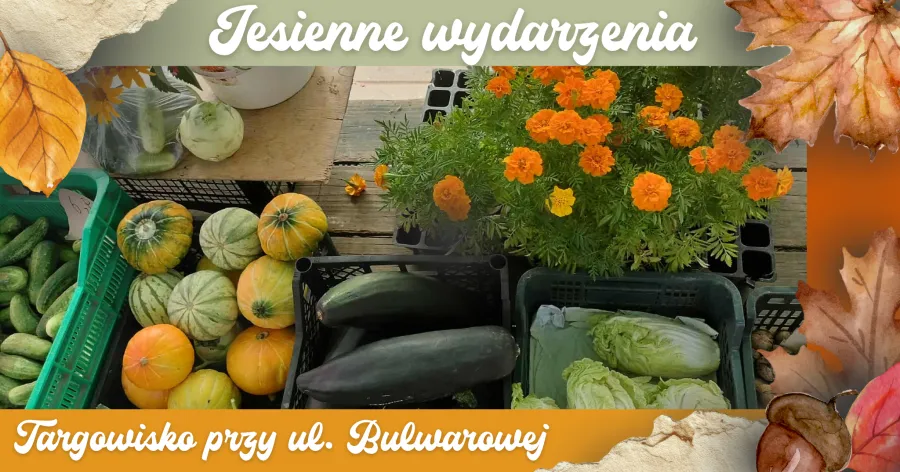 Targowisko z warzywami i kwiatami, jesienne wydarzenia.