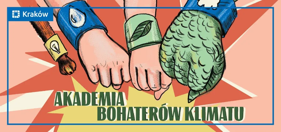 Ręce w różnych kolorach z symbolami ekologicznymi, hasło Akademia Bohaterów Klimatu.