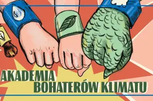 Ręce w różnych kolorach z symbolami ekologicznymi, hasło Akademia Bohaterów Klimatu.