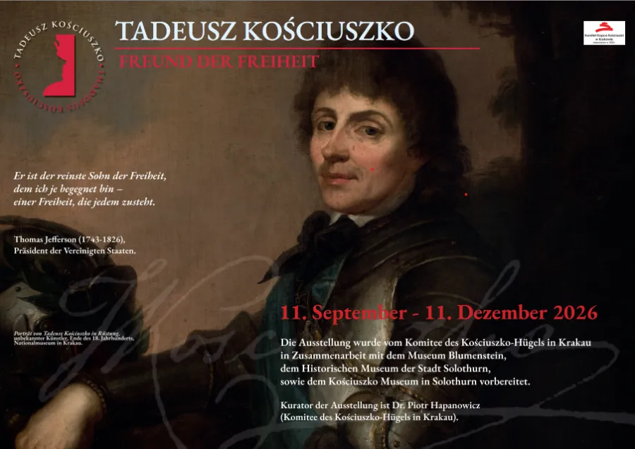 Grafika przedstawia reprodukcję historycznego portretu Tadeusza Kościuszki. U góry tytuł wystawy w języku niemieckim. Po lewej stronie grafiki napis z cytatem w języku niemieckim.   