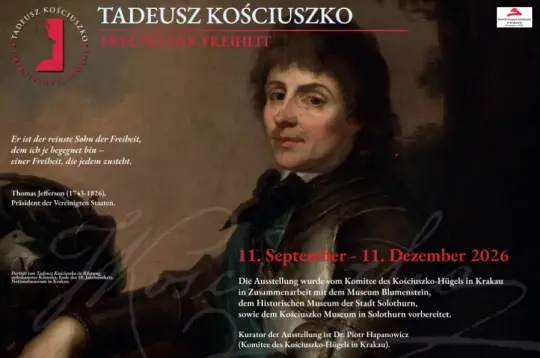 Grafika przedstawia reprodukcję historycznego portretu Tadeusza Kościuszki. U góry tytuł wystawy w języku niemieckim. Po lewej stronie grafiki napis z cytatem w języku niemieckim.   