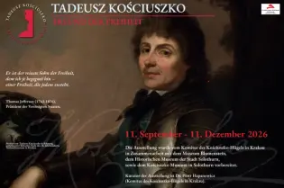 Grafika przedstawia reprodukcję historycznego portretu Tadeusza Kościuszki. U góry tytuł wystawy w języku niemieckim. Po lewej stronie grafiki napis z cytatem w języku niemieckim.   