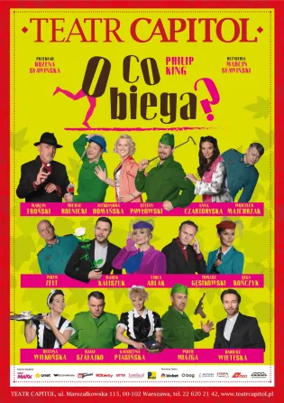 Plakat teatralny promujący spektakl "O co biega?" z aktorami w kolorowych kostiumach.