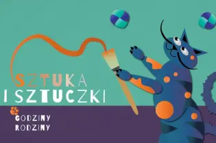 Kot malujący farbą, obok kolorowe kształty, tło w odcieniach zieleni i niebieskiego.