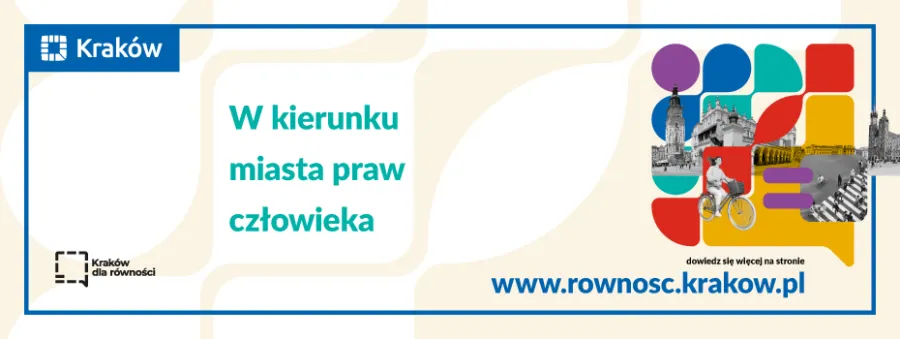 Kraków, hasło o prawach człowieka, grafika z rowerem i budynkami.