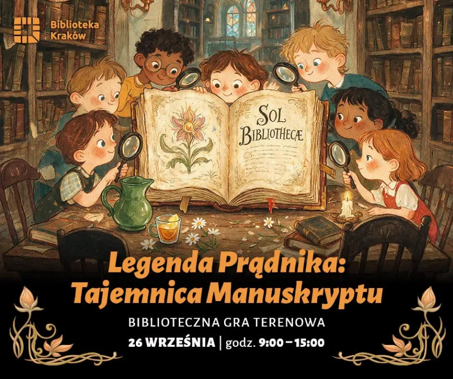 Dzieci w bibliotece odkrywają tajemnice manuskryptu.