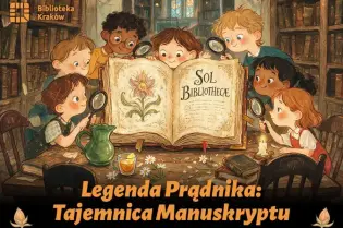 Dzieci w bibliotece odkrywają tajemnice manuskryptu.