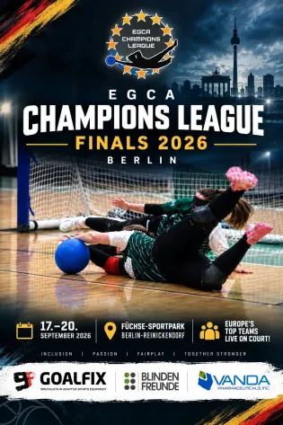 plakat promujący mistrzostwa w goalball. dwie zawodniczki w pozycji leżącej na tle siatki z piłką