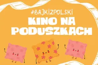 Kino na poduszkach z kolorową kamerą filmową i poduszkami w tle.