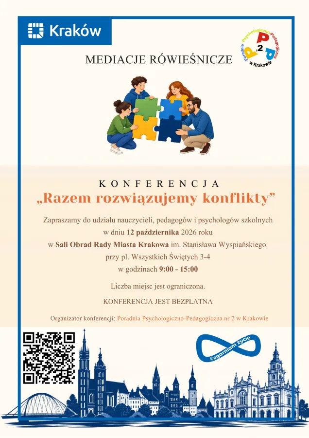 Konferencja o mediacjach rówieśniczych w Krakowie, 12 października 2026, sala obrad Rady Miasta.