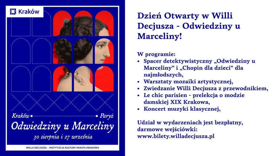 Dzień Otwarty w Willi Decjusza z programem dla dzieci i dorosłych, w tym spacery i warsztaty.