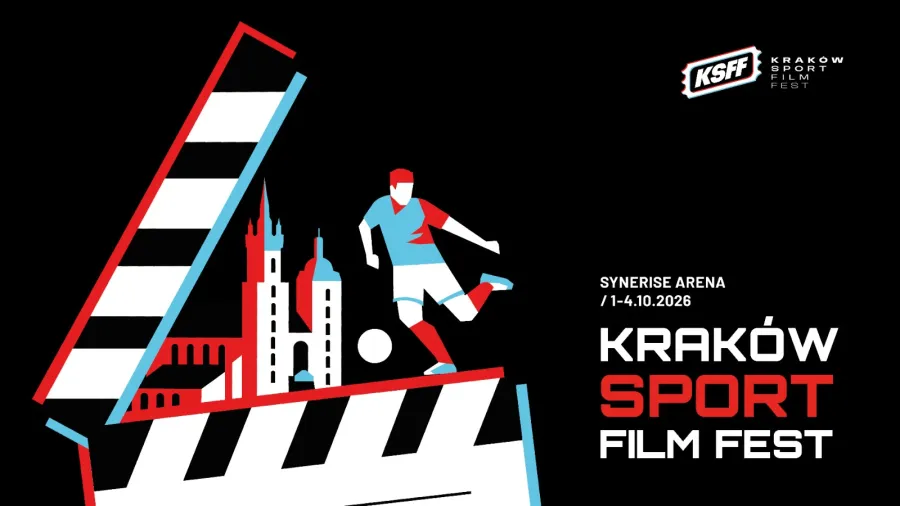 Kraków Sport Film Festiwal, piłkarz w akcji, symbole Krakowa i klaps filmowy.