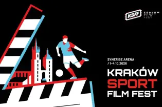 Kraków Sport Film Festiwal, piłkarz w akcji, symbole Krakowa i klaps filmowy.