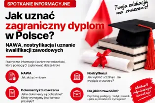 Grafika informuje o spotkaniu „Jak uznać zagraniczny dyplom w Polsce?”. W tle widoczne są polskie symbole, książki, dokumenty i czapka akademicka.