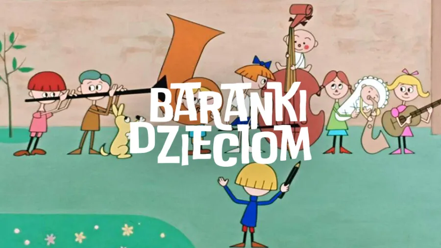 Grupa dzieci grających na instrumentach muzycznych w kolorowej scenerii.