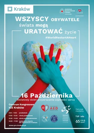 Plakat promujący wydarzenie dotyczące resuscytacji, z datą i miejscem oraz hasłem #WorldRestartAHeart.