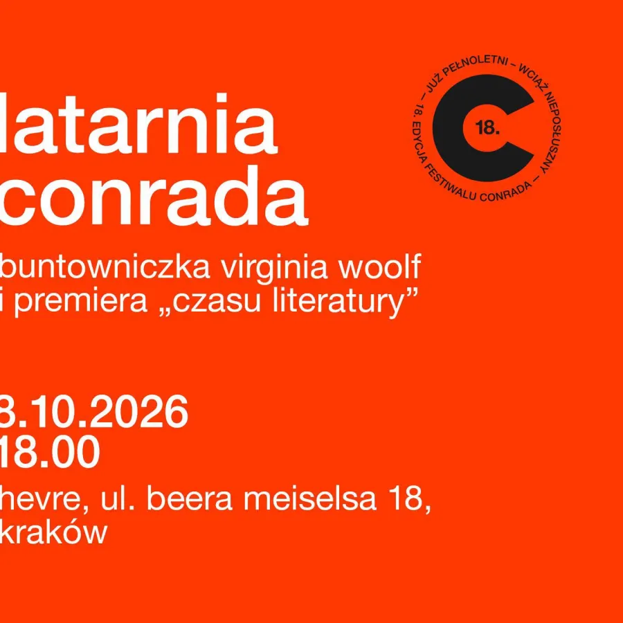 Plakat wydarzenia literackiego z datą i informacjami o autorce Virginii Woolf.