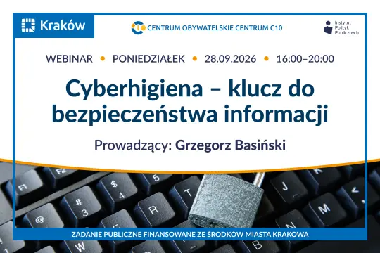 Grafika zapowiada webinar „Cyberhigiena – klucz do bezpieczeństwa informacji”, który odbędzie się 28 września 2026 r. W tle widoczna jest klawiatura komputerowa z kłódką.