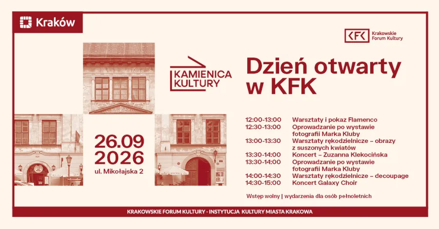 Dzień otwarty w KFK, program wydarzeń, warsztaty, koncerty, wystawy 26.09.2026, ul. Mikołajska 2