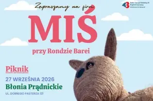 Plakat zapraszający na piknik "Miś" z datą, godziną i lokalizacją.