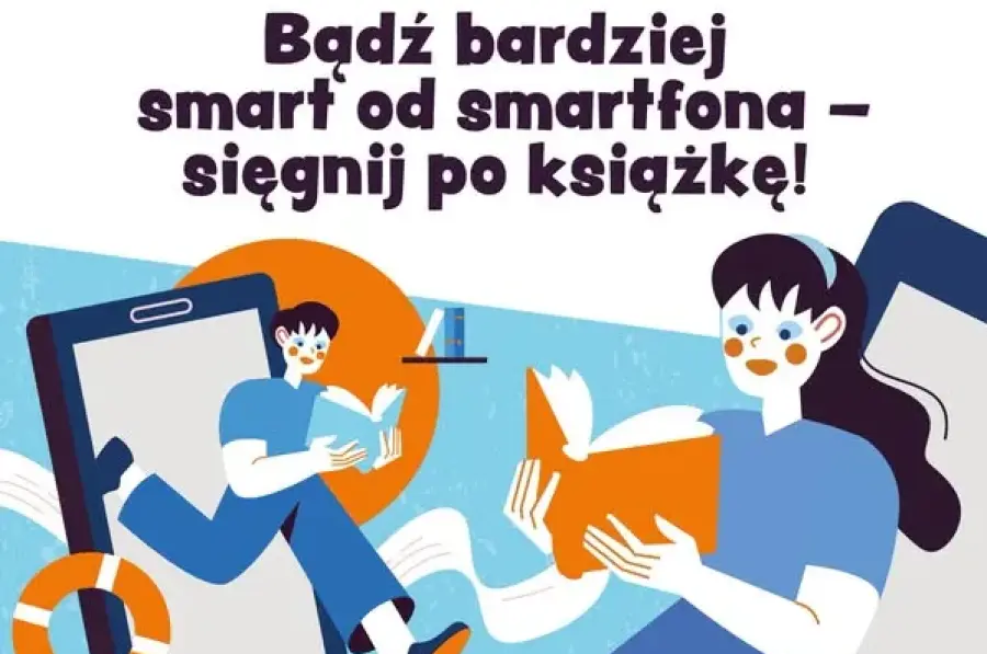 Kobieta czytająca książkę, obok postać wyskakująca z telefonu. Hasło promujące czytanie.