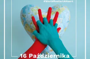 Plakat promujący wydarzenie dotyczące resuscytacji serca w Krakowie, z datą i lokalizacją.