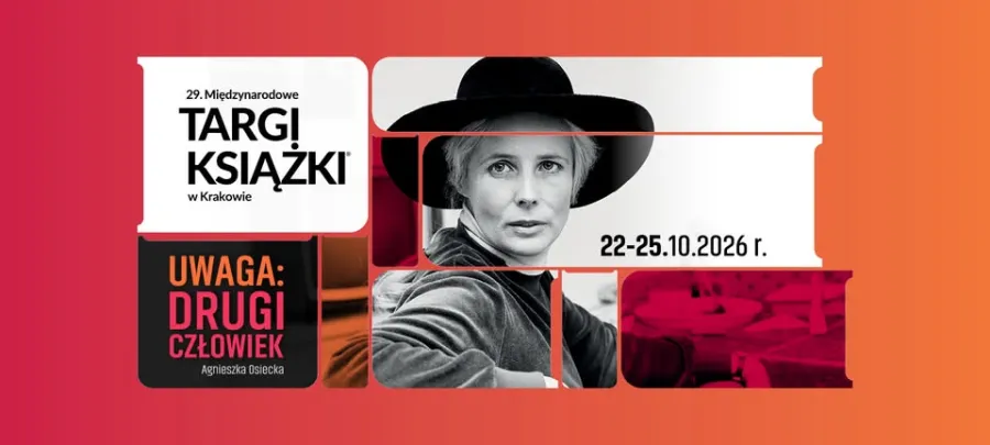 Kobieta w kapeluszu, informacja o targach książki w Krakowie, daty wydarzenia.