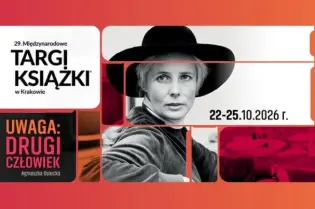 Kobieta w kapeluszu, informacja o targach książki w Krakowie, daty wydarzenia.