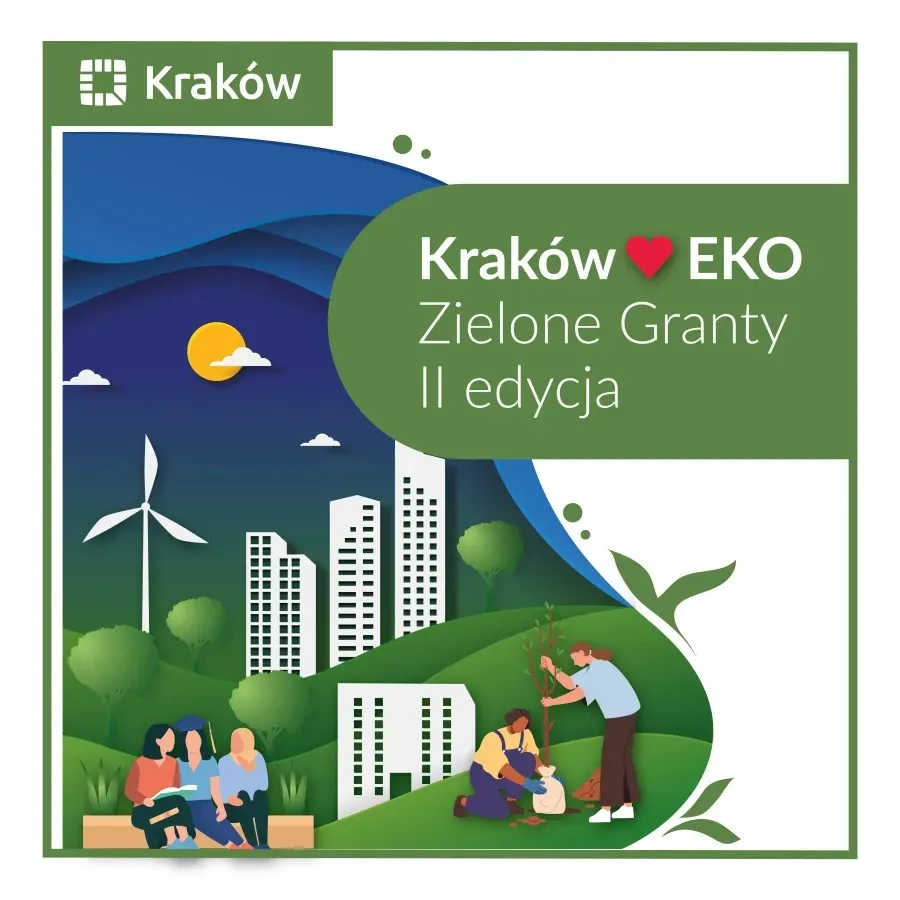 Kraków EKO, Zielone Granty II edycja, grafika z elementami ekologicznymi i miejskimi.