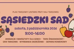 Plakat promujący wydarzenie Sąsiedzki Sad w Krakowie z datą i godzinami.