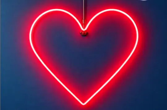 plakat na którym na ciemnym tle widoczny jest tylko duży zaświecony czerwony neon w kształcie serca