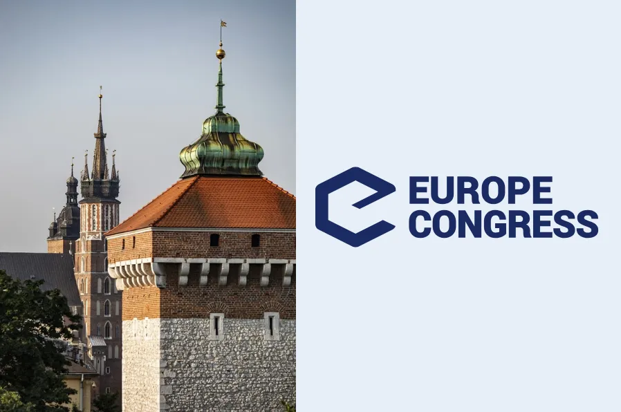 Zamek z wieżą i logo Europe Congress.