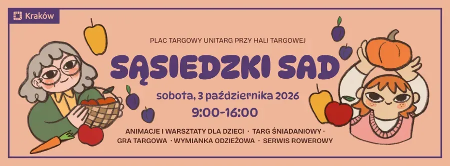 Plakat promujący wydarzenie "Sąsiedzki Sad" z informacjami o animacjach, targu i warsztatach.