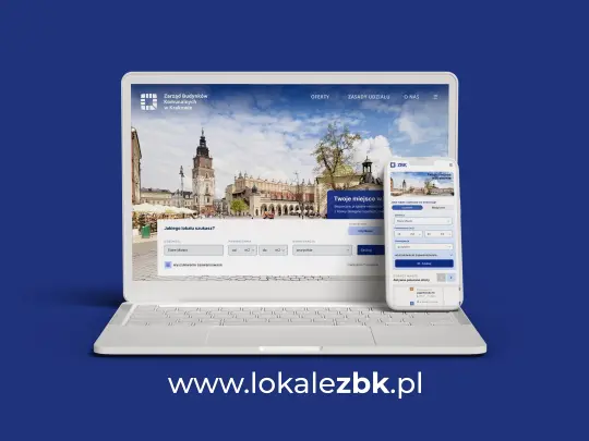 Strona internetowa z ofertami lokalowymi, widok na rynek z ratuszem.
