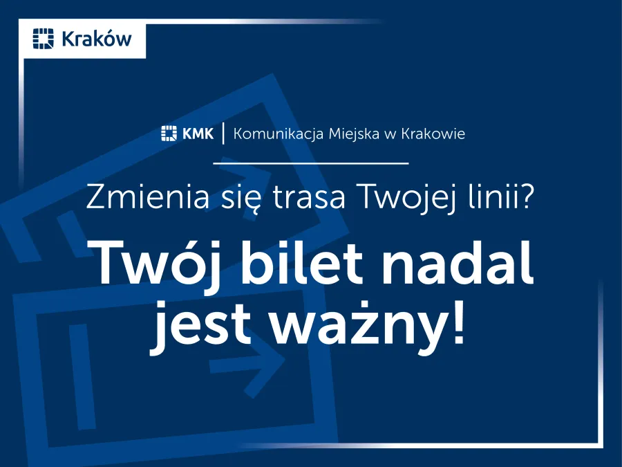 Zmiana trasy linii komunikacyjnej w Krakowie, informacja o ważności biletu.