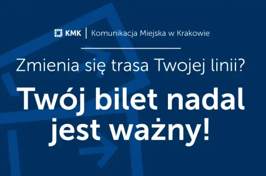 Zmiana trasy linii komunikacyjnej w Krakowie, informacja o ważności biletu.