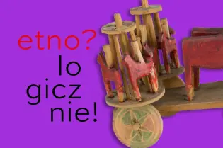 Etniczne elementy w kolorze czerwonym na tle fioletowym z hasłem "etno? logicznie!