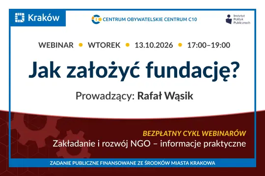 Grafika informująca o bezpłatnym szkoleniu online „Jak założyć fundację?”. Na dole znajduje się ciemnoczerwone tło z grafikami kół zębatych.