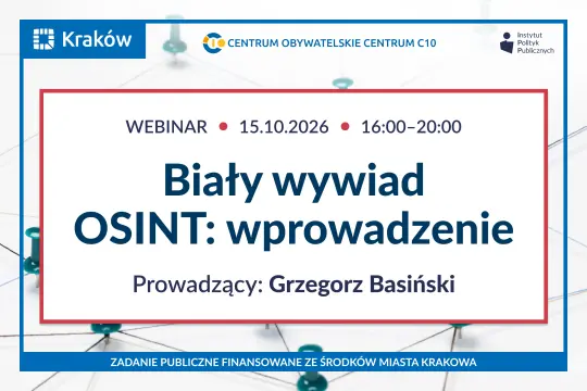 Grafika informująca o webinarze „Biały wywiad – OSINT: wprowadzenie”. W tle widoczna jest sieć połączonych punktów i linii symbolizujących przepływ informacji.