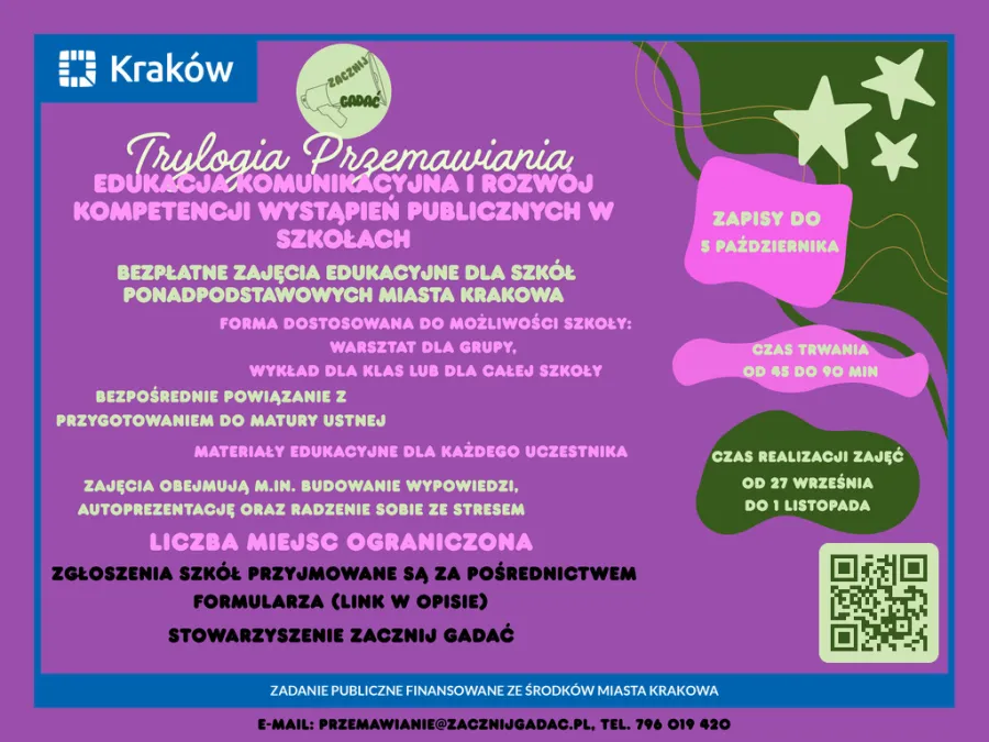 Plakat informacyjny o bezpłatnych zajęciach z wystąpień publicznych w Krakowie.