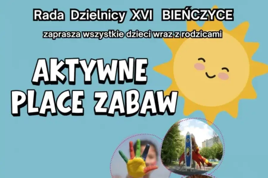 Plakat promujący wydarzenie "Aktywne Place Zabaw" w Krakowie, z datą i programem atrakcji dla dzieci.