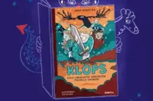 Książka "KLOPS" z ilustracją przedstawiającą smoki i postacie w fantastycznym otoczeniu.
