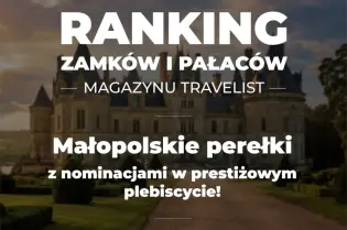 Grafika u góry i u dołu białe pasy a w środku zaciemnione zdjęcie zamku Chambord i na nim napis białymi dużymi literami Ranking Zamków i Pałaców magazynu Travelist.pl 