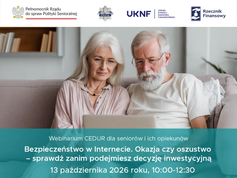 Webinarium dla seniorów o bezpieczeństwie w Internecie i oszustwach inwestycyjnych.