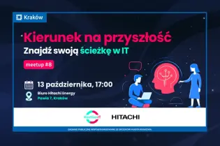 Grafika wydarzenia „Kierunek na przyszłość – Znajdź swoją ścieżkę w IT”. Na ciemnym tle widoczne są ilustracje osób, laptopa i symbolu technologii.