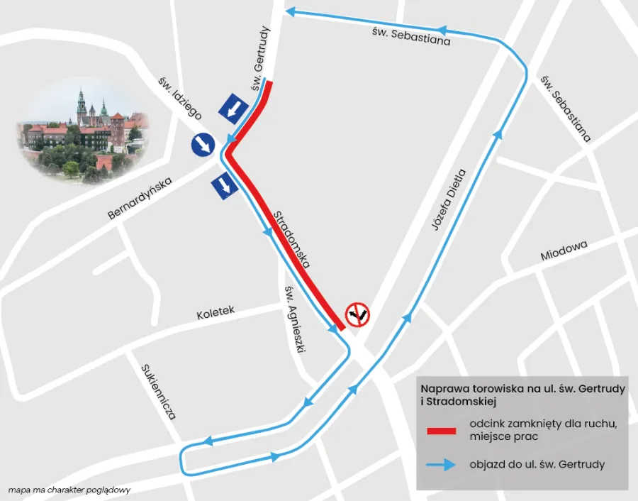 Mapa z objazdem na ul. św. Gertrudy z zaznaczonym odcinkiem zamkniętym dla ruchu.