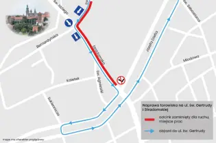 Mapa z objazdem na ul. św. Gertrudy z zaznaczonym odcinkiem zamkniętym dla ruchu.