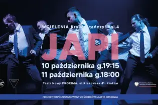 Plakat promujący wydarzenie taneczne JAPI w Krakowie, z datami i miejscem.