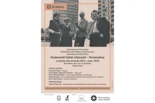 Plakat wydarzenia Krakowski Szlak Literacki z datą, godziną i informacjami o prelegentach.